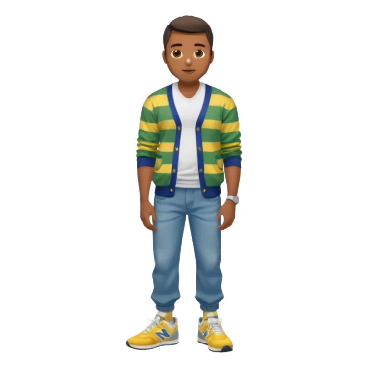 Handsome Black guy with brown skin tone, with lean muscular build, wearing baggy blue jeans, a white v-neck t-shirt, a yellow and green striped cardigan sweater, and grey new balance sneakers  sticker