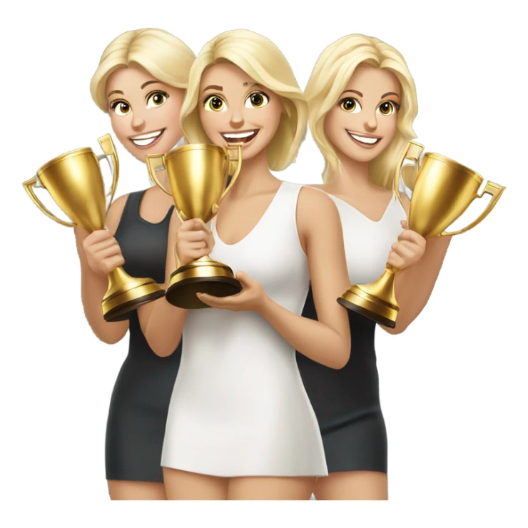 Six beautiful blonde women celebrating with huge golden trophy sticker