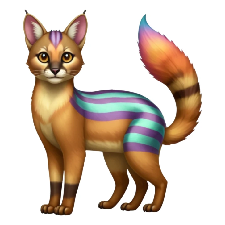 Colorful shiny striped tropical glorious iridescent divine exotic cute cool beautiful realistic caracal-civet-genet-sergal-vernid-Cacomistle-Trico-oncilla-animal-Fakémon-hybrid-fursona (full body) sticker