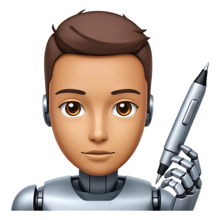 Emoji of a robot turning into a human with a pen or speech bubble sticker