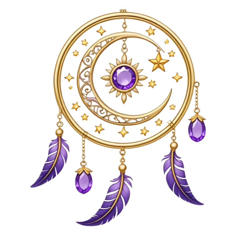 Epic beautiful gorgeous cute gold suncatcher, threads with shiny sparkly amethyst gemstones, flowers, crescents-moons, stars, violet Feathers  sticker