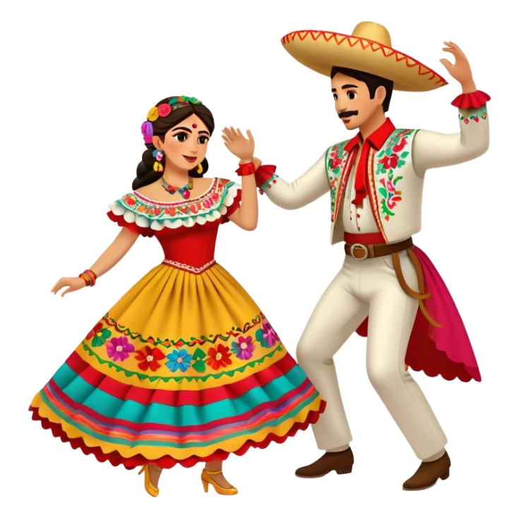 Cinematic Realistic scene of two performers dancing the Jarabe Tapatío, dressed in colorful traditional Mexican costumes with intricate embroidery, captured in energetic, festive motion with vibrant, celebratory lighting sticker