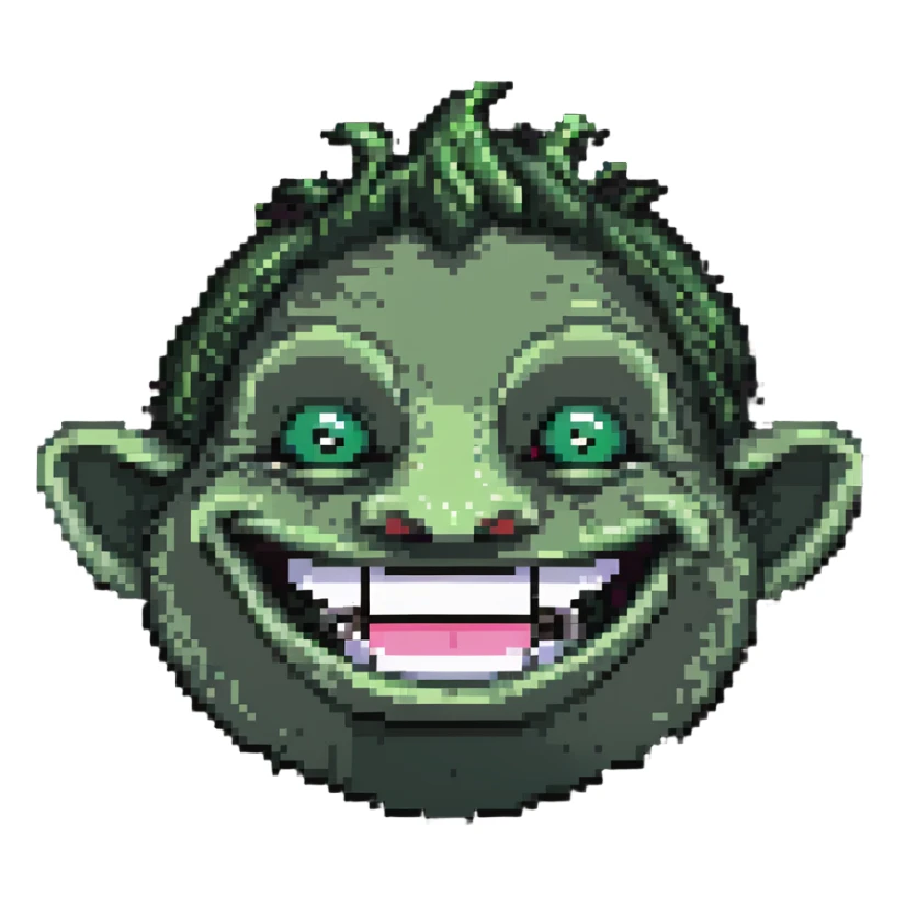Pixelated troll face meme with signature grin, YouTube style sticker