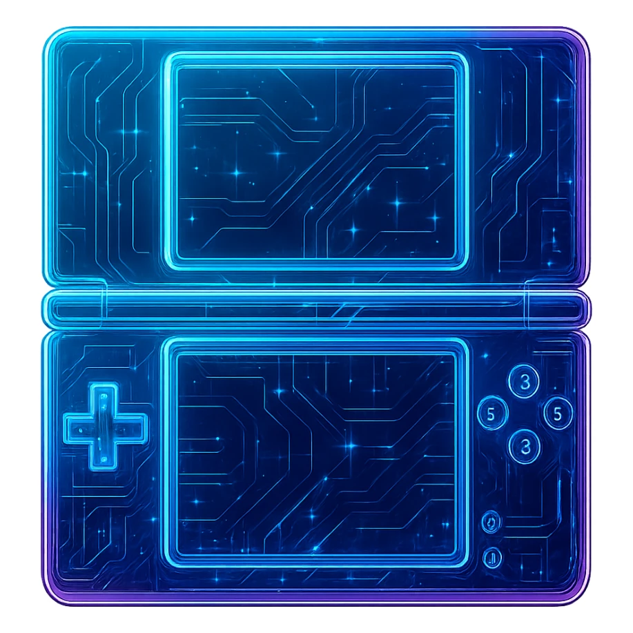 Create a Nintendo DS icon in a cyberpunk, holographic style with glowing neon blue and pink edges, circuit patterns throughout the entire device, and a transparent background. The design should clearly show the dual screens and controls, with neon and circuit effects in a futuristic, clean style consistent with previous cyberpunk icons. The whole icon should have a consistent cyberpunk glow and intricate circuit details. sticker