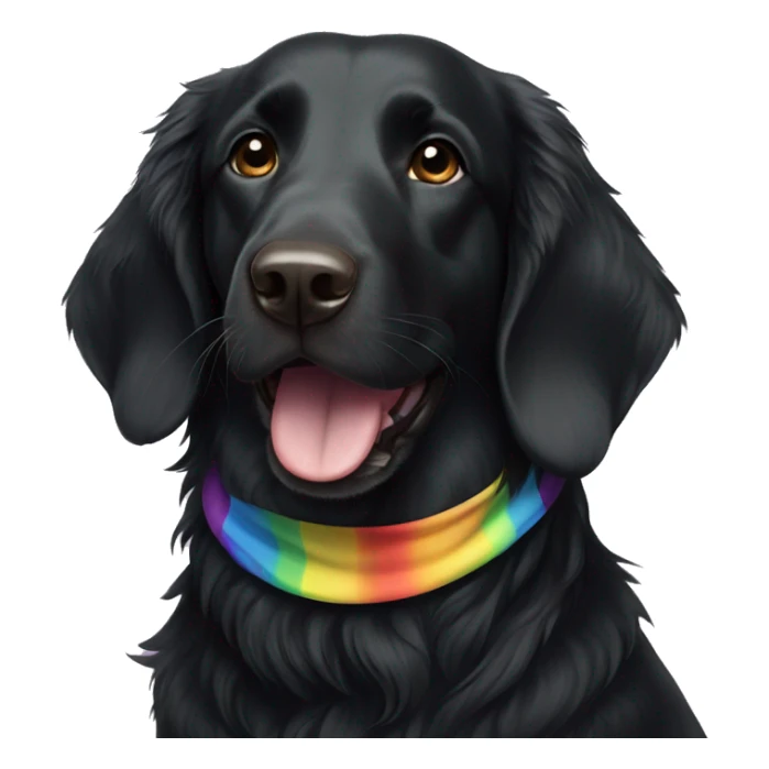 Black Flat coated retriever with small ears wearing rainbow bandana sticker