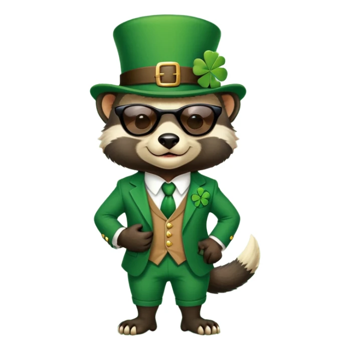 friendly anthropomorphised honey badger in a classic leprechaun suit with shamrock accessories, wearing sunglasses, St. Patrick's Day sticker