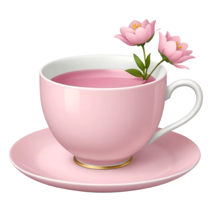 White teacup on a pastel pink plate, pink flowers on the side sticker