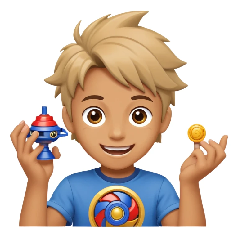 excited child holding a beyblade spinning top toy, happy face sticker