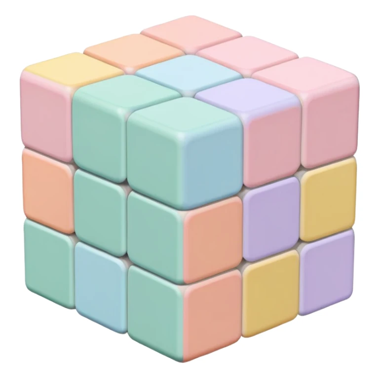 A 3x3 Rubik's Cube with pastel colors: light pink, baby blue, mint green, lavender, light yellow, peach, minimalist iOS emoji style sticker