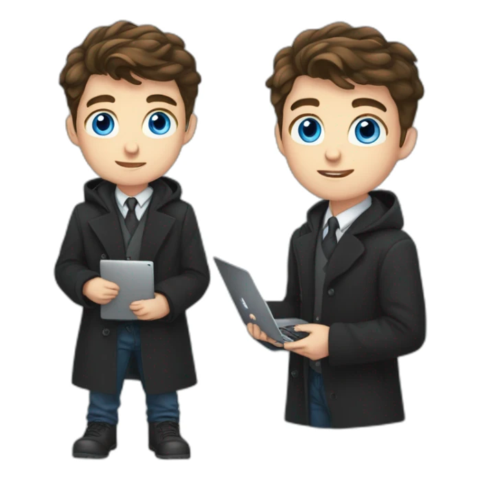 Blue eyes ,uses laptop in hands, uses laptop in hands, Blue eyes, Classy programmer, 13 years old, coat, formal outfit, pc in hands, brunette boy, black coat, all body sticker