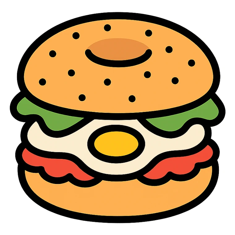bagel sandwich with eggs and vegetables, outlined icon with color accents, Pinterest-inspired sticker