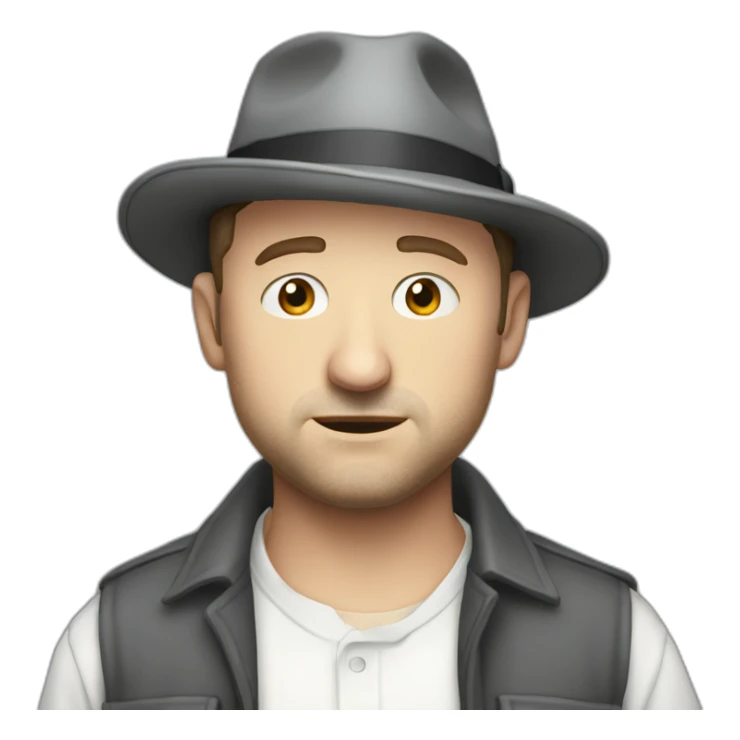 tim robinson wearing a grey fedora white shirt only looking scared and sad side view sticker