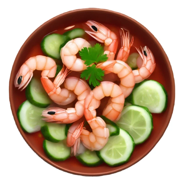 Shrimps in bowl with red sauce and cucumber onions cilantro  sticker
