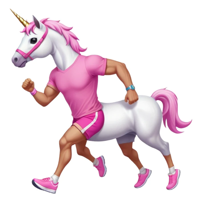 full body friendly anthropomorphised masculine unicorn with white horse-like face, muscular build, wearing pink t-shirt, shorts, trainers, dark sunglasses, running in a relaxed pose sticker