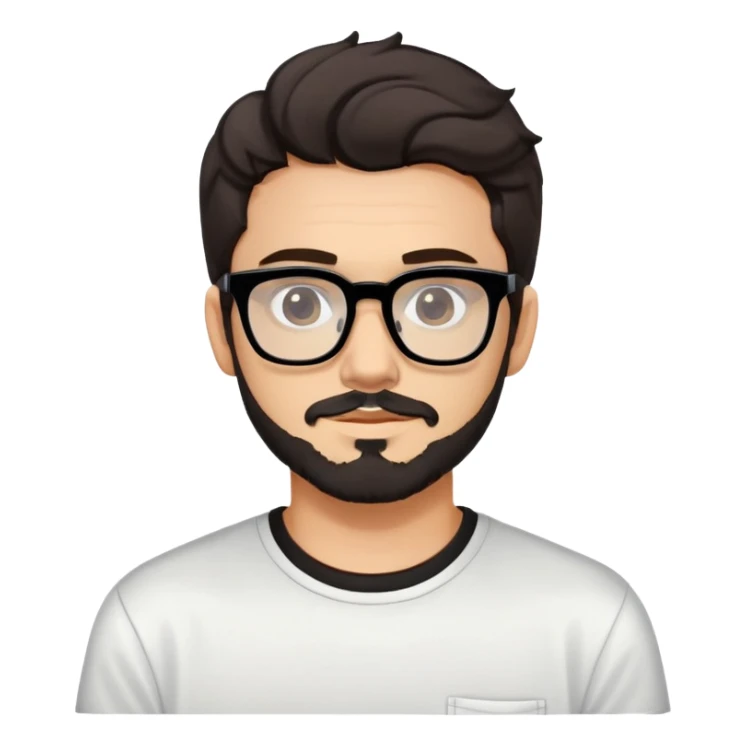 young adult man with light skin, short beard, dark wavy hair, relaxed expression, very wide rectangular glasses with thick black acetate frame and thick double bridge, retro oversized style, colorful open shirt and white t-shirt sticker