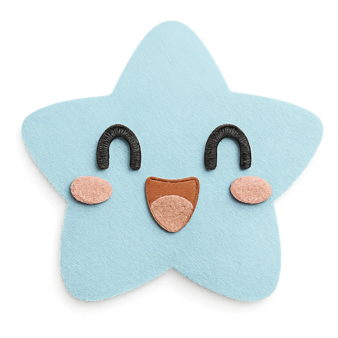 kawaii blue chibi star, excited face, soft pastel palette, no arms or legs, full body, paper craft style sticker