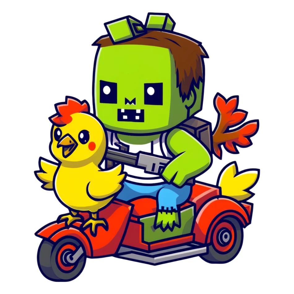 baby Minecraft zombie holding a gun while riding a chicken sticker