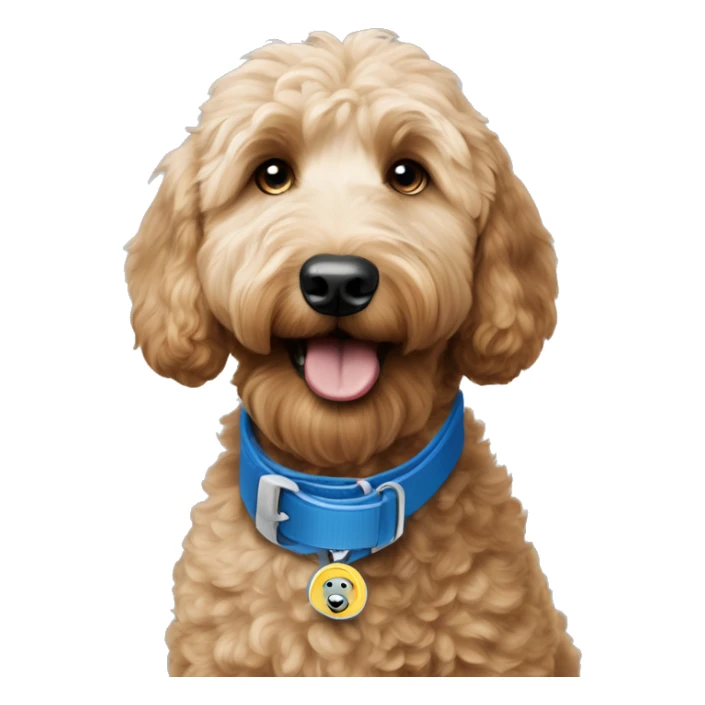 Goldendoodle with blue collar and AirTag is getting ready to eat is food sticker