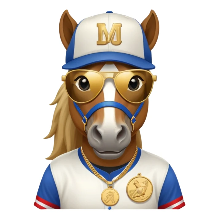 friendly anthropomorphised horse in RUN DMC style outfit, gold medal, baseball hat, sunglasses sticker