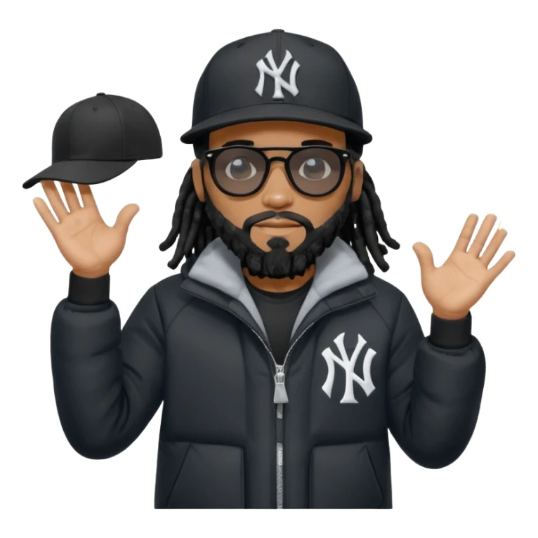 African American man with shoulder length black dreadlocks with black beard wearing black sunglasses wearing a black New York Yankees logo baseball cap wearing a black bubble winter coat with hands out with both palms facing down sticker
