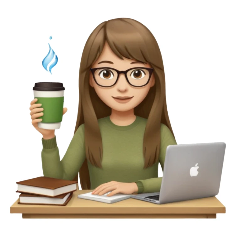 a designer with light skin long brown hair bangs waving, stack of books, coffee cup on top, water bottle, computer, matcha  sticker