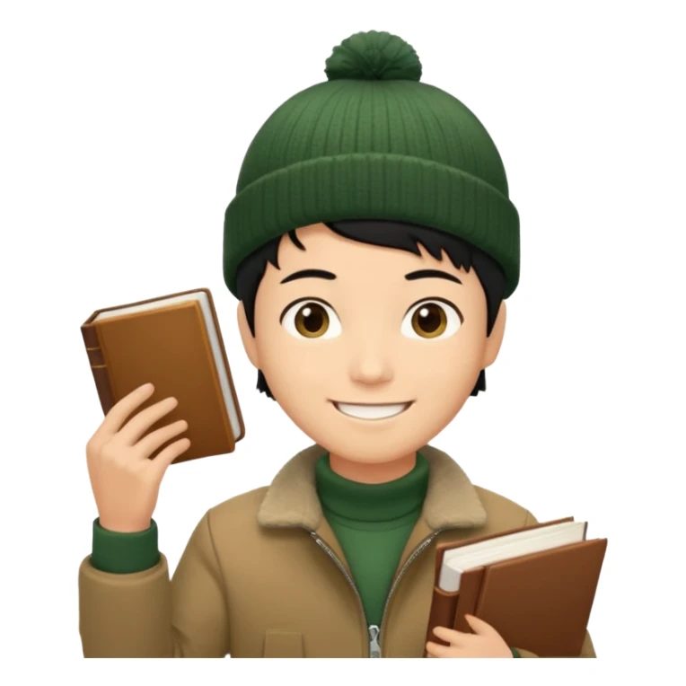 asian, tan skin, non binary asian man with pixie cut black hair, wearing brown jacket and dark green beanie, smiling , holding up books  sticker