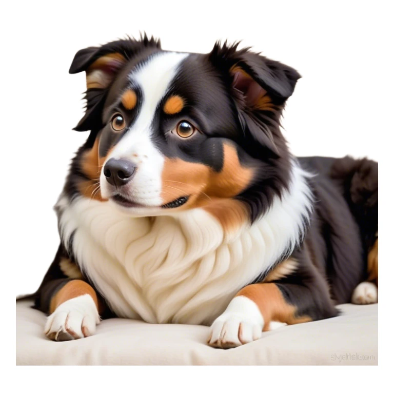 Cinematic Meme-Worthy Chubby Sleeping Tri-Color Australian Shepherd Portrait Emoji, Head resting peacefully with a contented smile, showcasing a delightfully chubby build and a luxuriously soft tri-color coat of bold black, crisp white, and warm tan, eyes shut in a serene nap, Simplified yet hilariously adorable features, highly detailed, glowing with a soft, drowsy light, high shine, relaxed and utterly lovable, stylized with an air of playful laziness, bright and heartwarming, soft glowing outline, capturing the essence of a comically sleepy Tri-Color Australian Shepherd, so meme-worthy it feels like it could instantly become the next viral sensation of adorable slumber! sticker