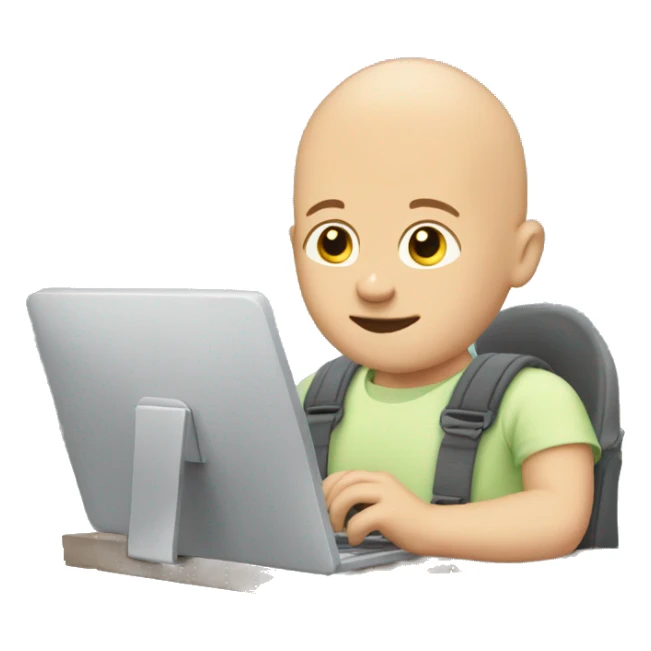 bald man wearing a baby in a baby carrier typing on computer sticker