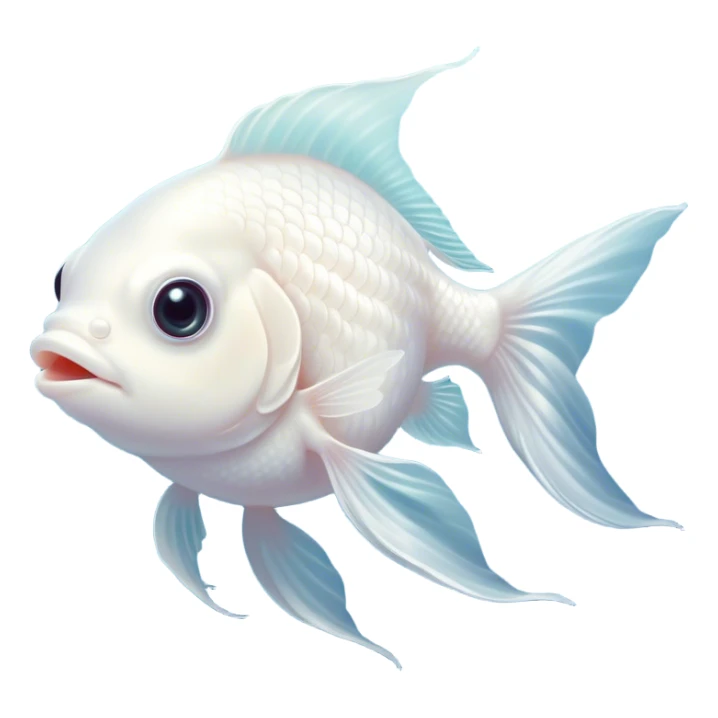 Cinematic Cute White Goldfish Portrait Emoji, Head tilted playfully and inquisitively, featuring a glossy, pure white body with delicate, shimmering scales and round, sparkling pale eyes filled with curiosity, Simplified yet irresistibly adorable features, highly detailed, glowing with a warm, friendly glow, high shine, affectionate and lively, stylized with a touch of whimsy, bright and endearing, soft glowing outline, capturing the essence of a mischievous yet loving goldfish, so playful it feels like it could swim out of the screen and into your heart! sticker