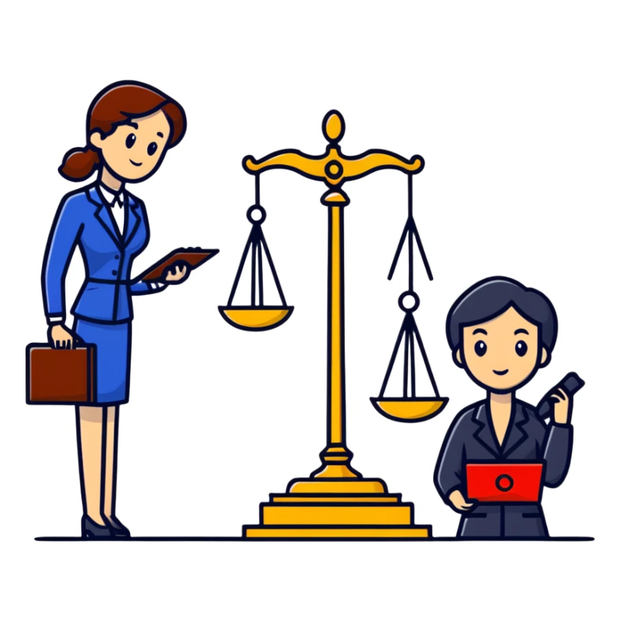female notary with justice scale and stamp, phoning with another woman sticker