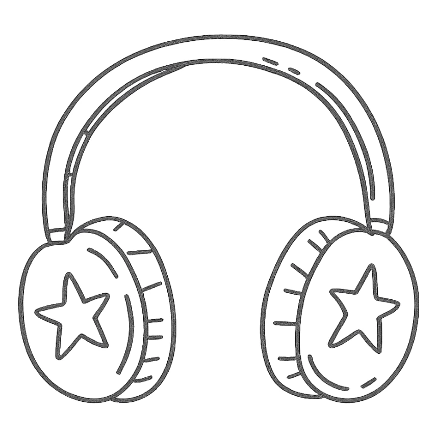 black and white headphones with stars, hand drawn outline style sticker