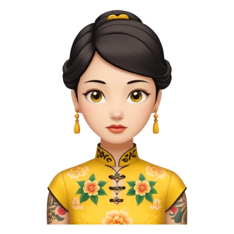 ancient woman with tatooed on neck and yellow cheongsam sticker