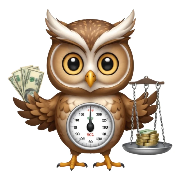 cute female mascot owl holding money scale with two sides sticker