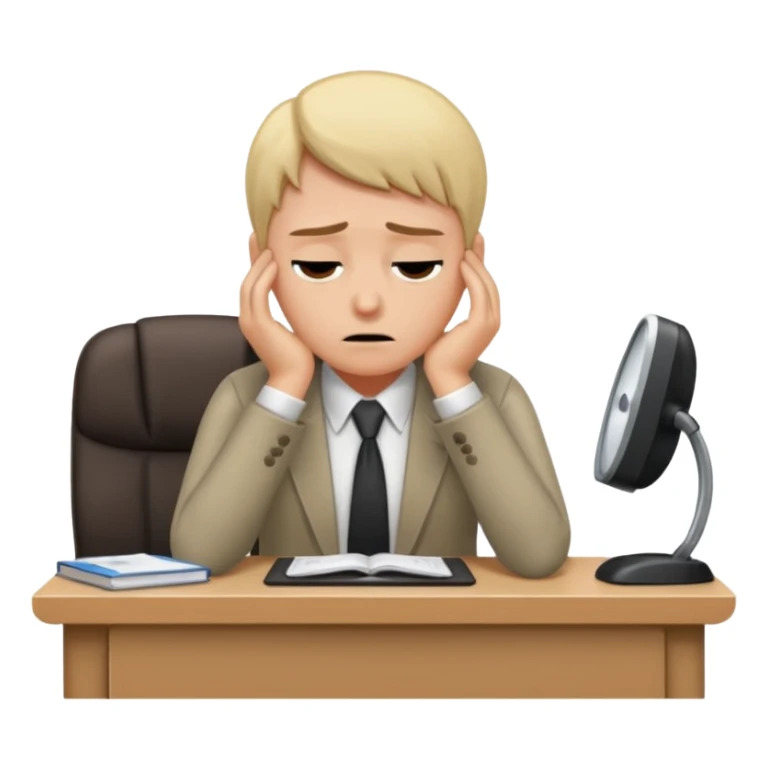 Professional person experiencing burnout, exhausted and overwhelmed, tired eyes, slumped posture, sitting at a desk, iOS emoji style sticker