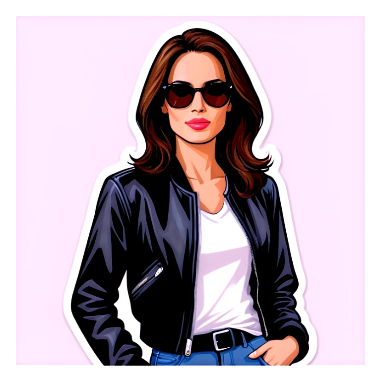 Jolie brune blouson de cuir noir t-shirt blanc sticker