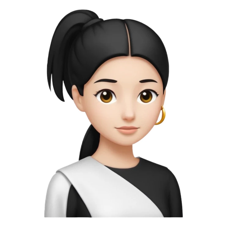 black sleek ponytail, no head, simple white dress and white sleeves, modern minimalistic emoji style sticker
