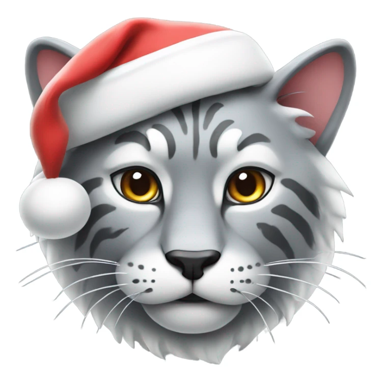 Grey big cat with white accents wearing a Santa hat sticker