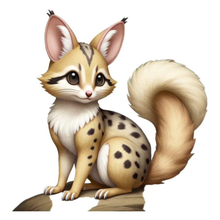 soft natural realistic romantic vintage antique divine beautiful elegant pretty precious cute young youthful  Fakémon-Pokémon-alien-opossum-squirrel-feline-serval-caracal-chinchilla-Minccino-Cinccino-Meowstic-rodent-hybrid-creature with a big fluffy bushy tail (full body) sticker