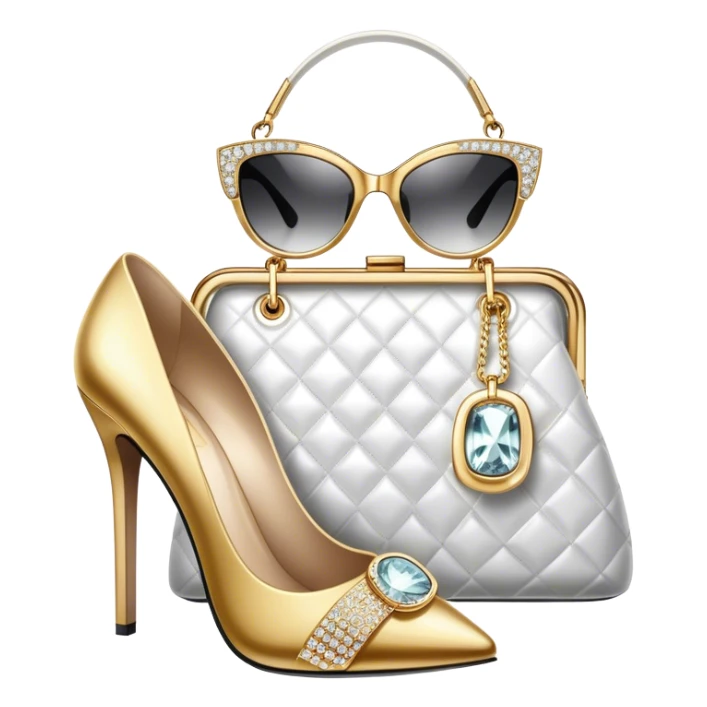 A photorealistic icon featuring luxurious fashion accessories like a high-end handbag, elegant high heels, a sparkling diamond necklace and a stylish pair of sunglasses. The design includes gold accents, soft lighting, and glamorous textures, fashion, and VIP luxury. Transparent background sticker