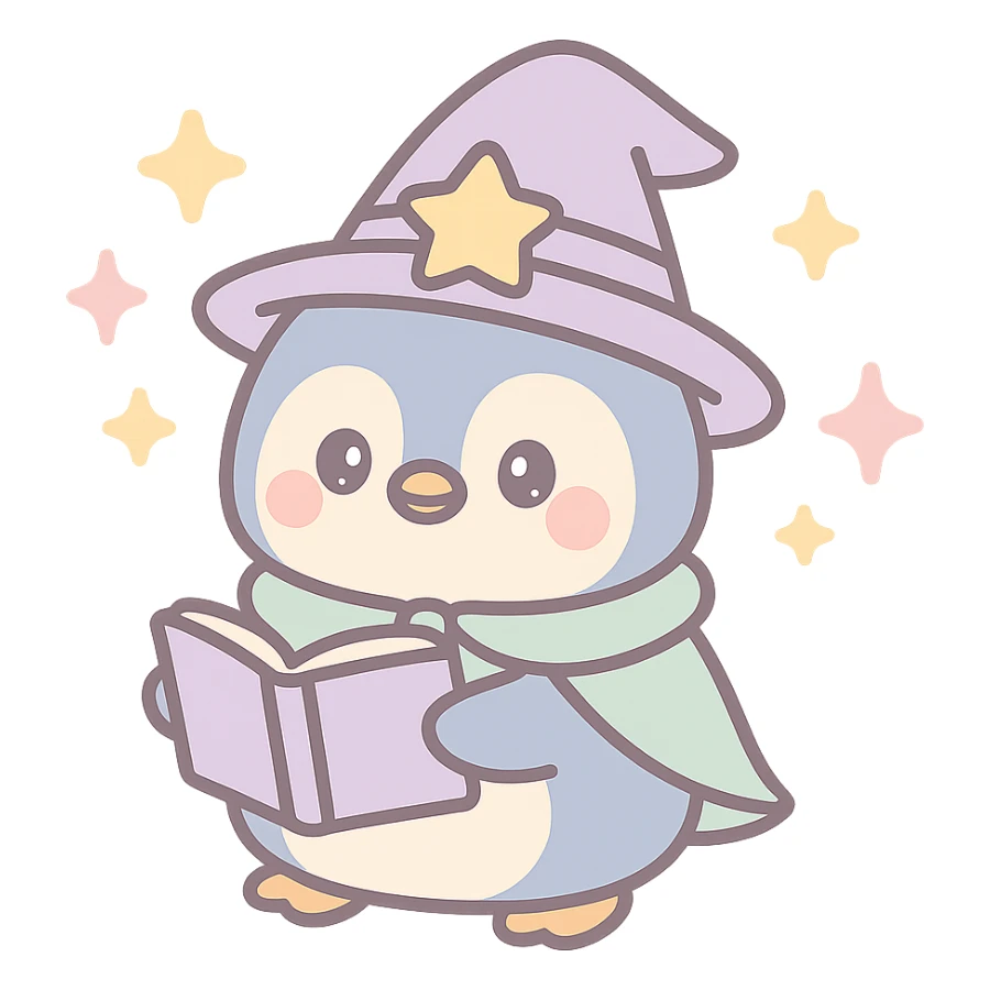 a chubby penguin in wizard attire, holding an open spellbook, magical aura around sticker
