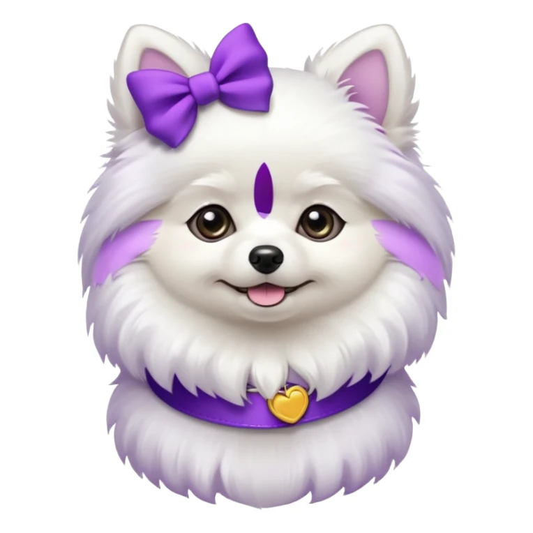 White Pomeranian with purple bows on ears and collar sticker