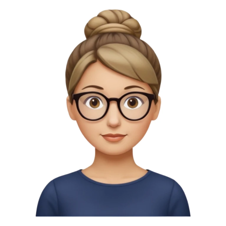 femme de 38 ans avec des cheveux blond foncé sans mèche devant, un chignon haut, yeux bruns, lunettes rondes sticker
