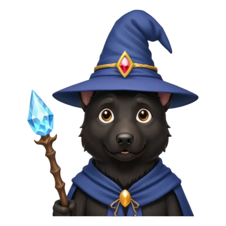 all black german shepherd face wearing a wizard hat and staff and magic emmiting from him sticker