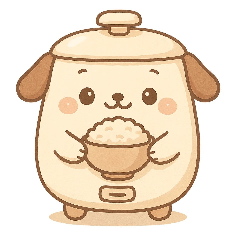 kawaii rice cooker with dog features, round belly, holding a rice bowl, soft cream and brown tones, full-body sticker