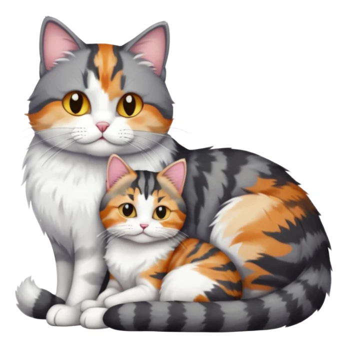 full body colourful light patched calico + white tabby cat cuddling a bigger cat that is dark grey and white tabby cat  sticker