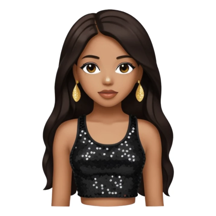 Aaliyah with long dark brown hair, sequin black crop top sticker