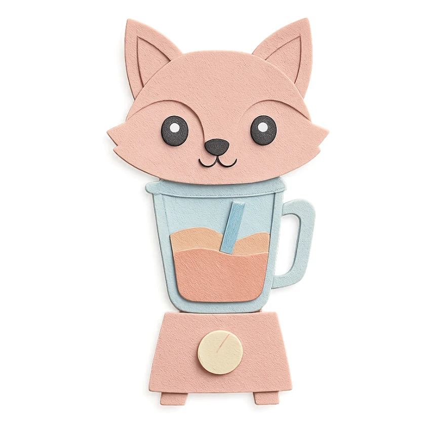 full-body pastel pink fox blender with transparent body and smoothie inside, sparkling eyes, paper craft style sticker