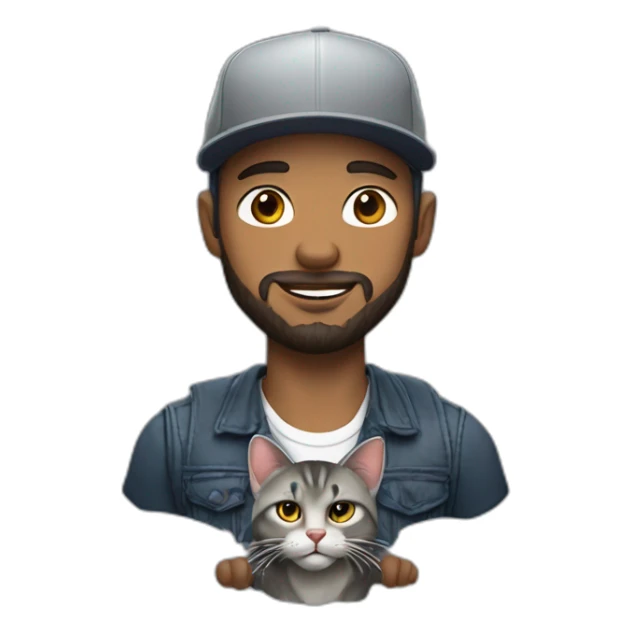 a man with a short beard and a snapback hat holding a big grey cat sticker