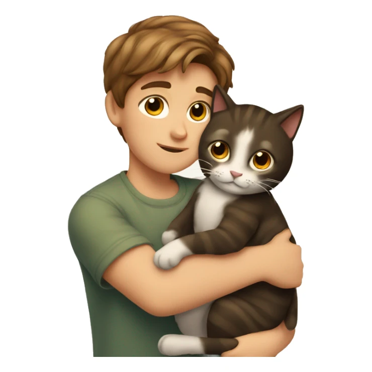 A boy with brown hair hugs a cat sticker