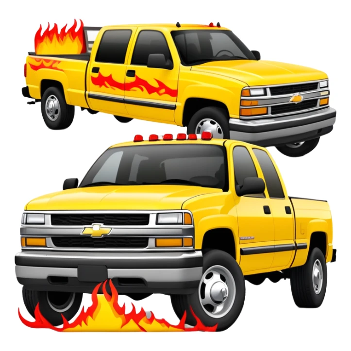 Yellow 1997 Chevrolet C-2500 Crew Cab Silverado with red flame design only on the front bumper, 30-degree view showing detailed bumper flames, Kill Bill movie vehicle, iOS emoji style sticker
